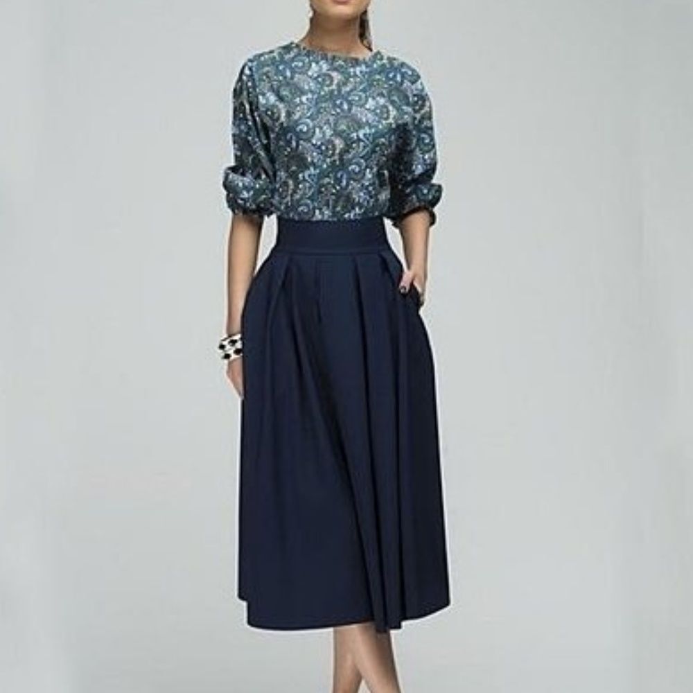Women Floral Printed Party Elegant Blue Midi Dress - Size Medium